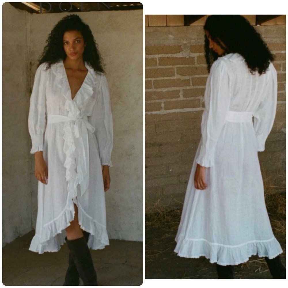 DÔEN Nadia Dress Salt White Long Sleeve Ruffle Midi Length Size XXS 100% Ramie